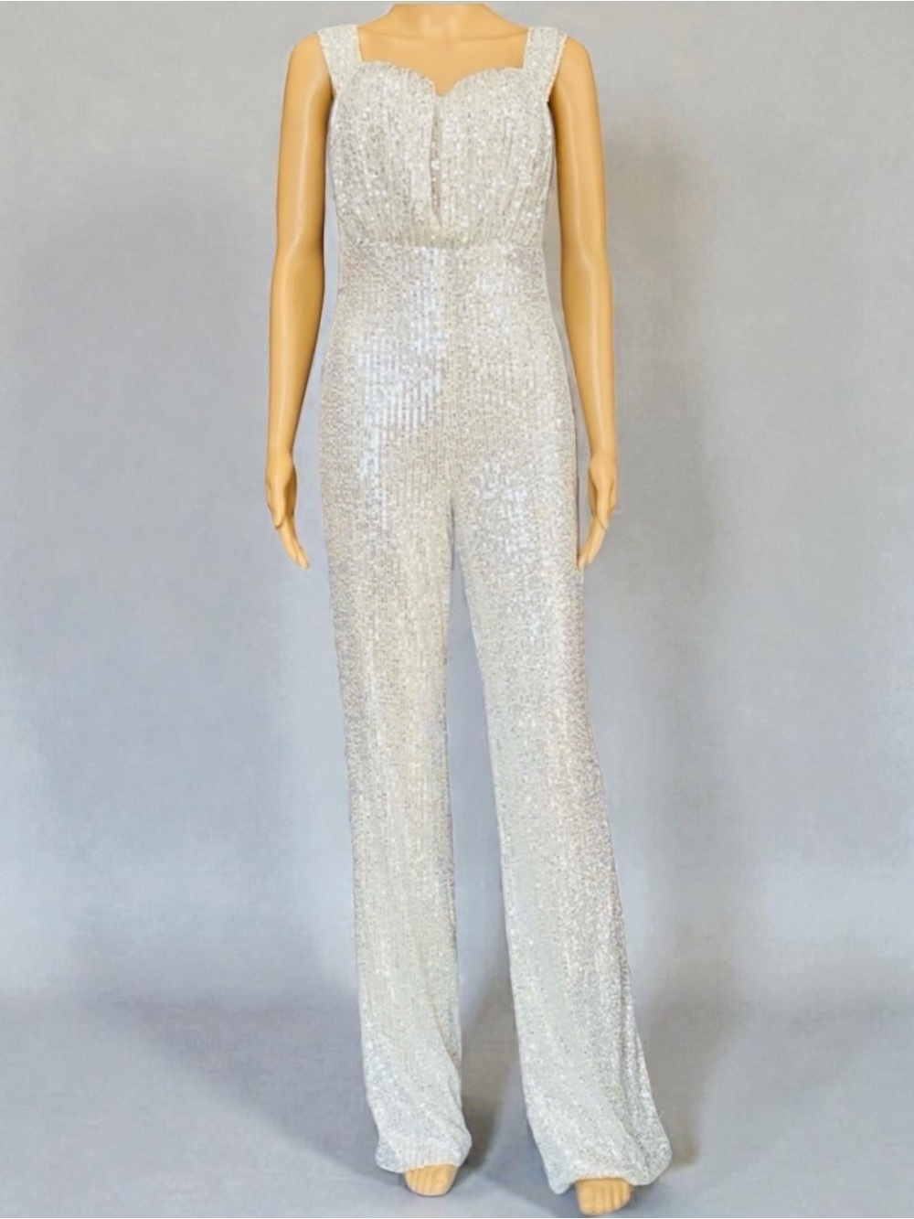 Silver Sequin Off-Shoulder Wide-Leg Jumpsuit